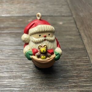 Vintage Christmas wooden Santa w/ sack and bear tree ornament